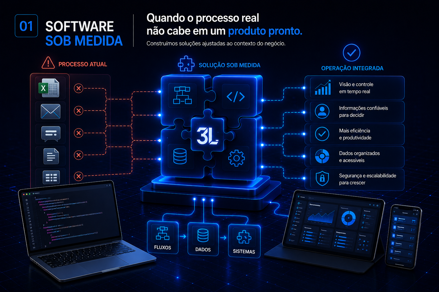 Infografico da capacidade Quando o processo real nao cabe em um produto pronto. da 3L Creative